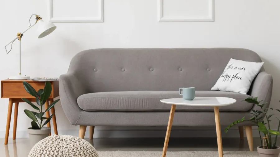 interior of stylish living room with grey sofa and tables