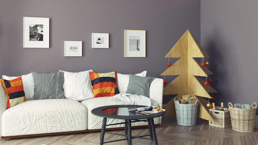 interior with plywood christmas tree