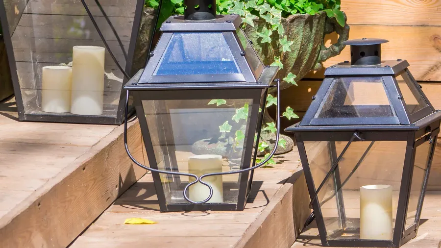 Lanterns placed on the stairs near plants.
