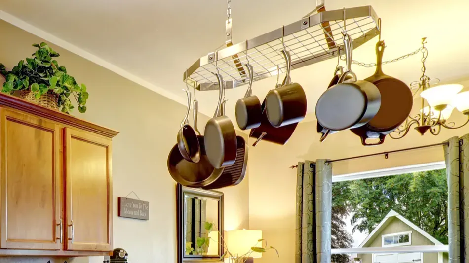 kitchen room wtih hanging pot rack