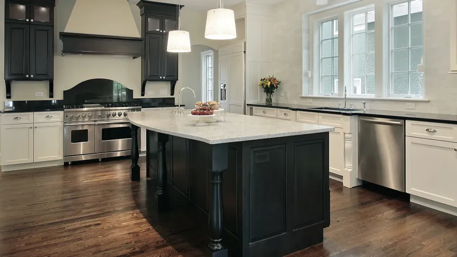 A stylish kitchen with contrasting cabinetry in black and white, featuring a large island and modern appliances.