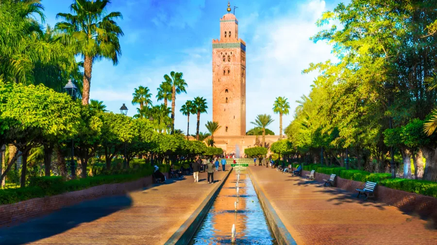 koutoubia mosque minaret at medina quarter of marrakesh morocco
