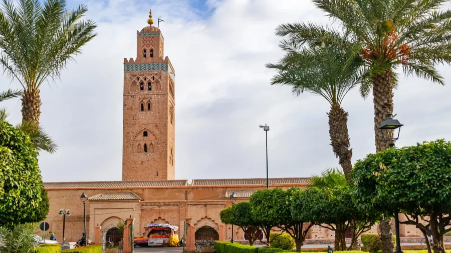 koutoubia mosque minaret in medina quarter of marrakesh morocco