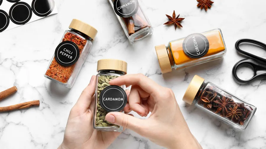 A person sticking labels on spice jars.