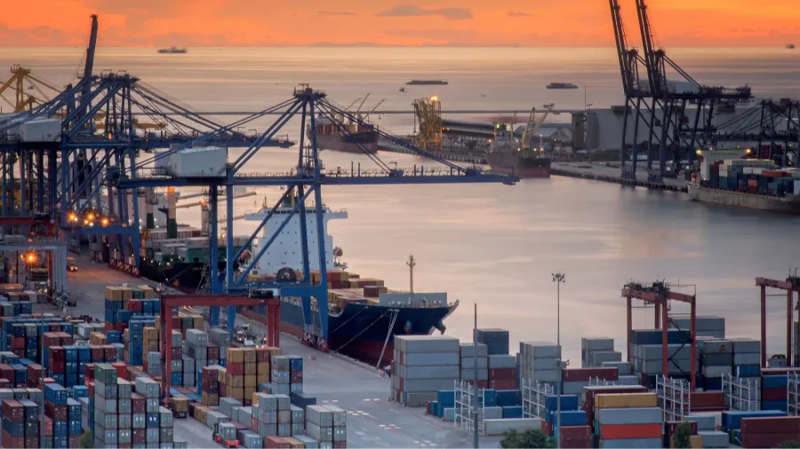 landscape from bird view of cargo ships entering