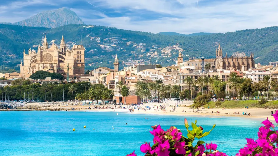landscape with beach and palma de mallorca town spain