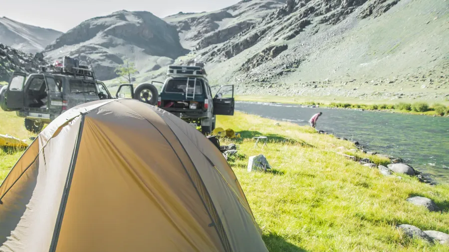 landscape with colorful tourist tents