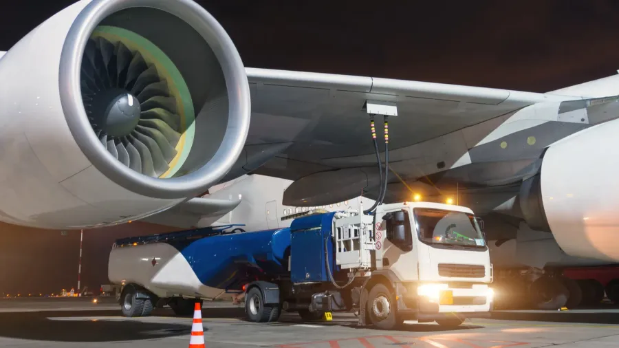 large aircraft jet engines fueling a huge airplane a truck