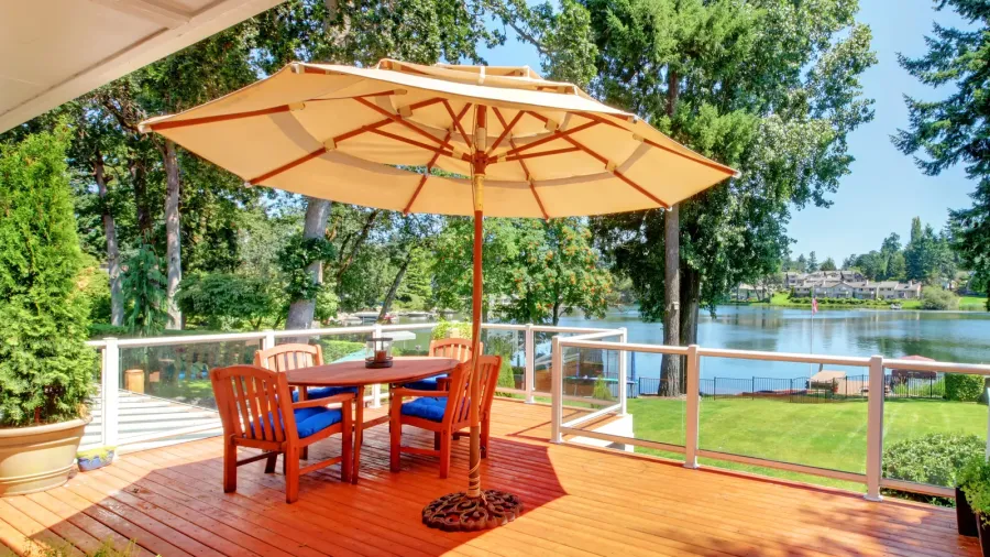 large deck with umbrella and view of the lake