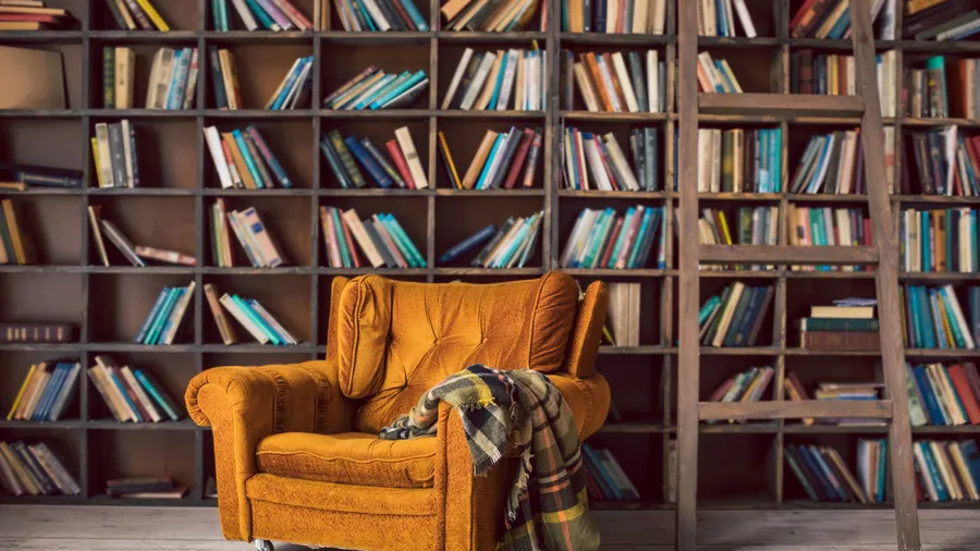 A cozy library scene with a mustard-colored armchair, a plaid blanket, a wooden ladder, and shelves filled with various books.