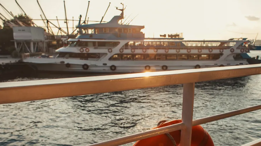 lifebuoy on ship railing with sea during sunset at background