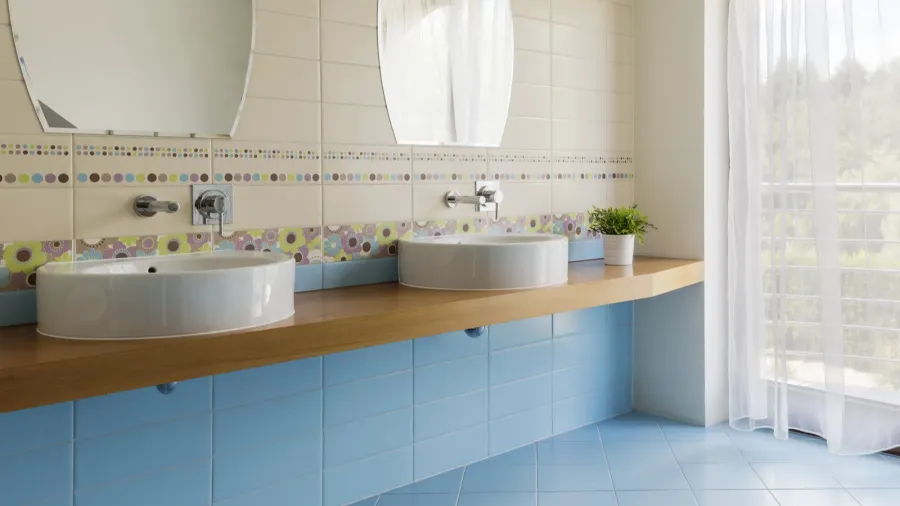 light blue bathroom for two