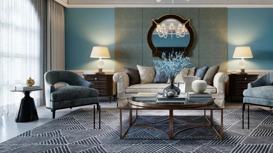 living room interior in classic mediterranean style with a beige
