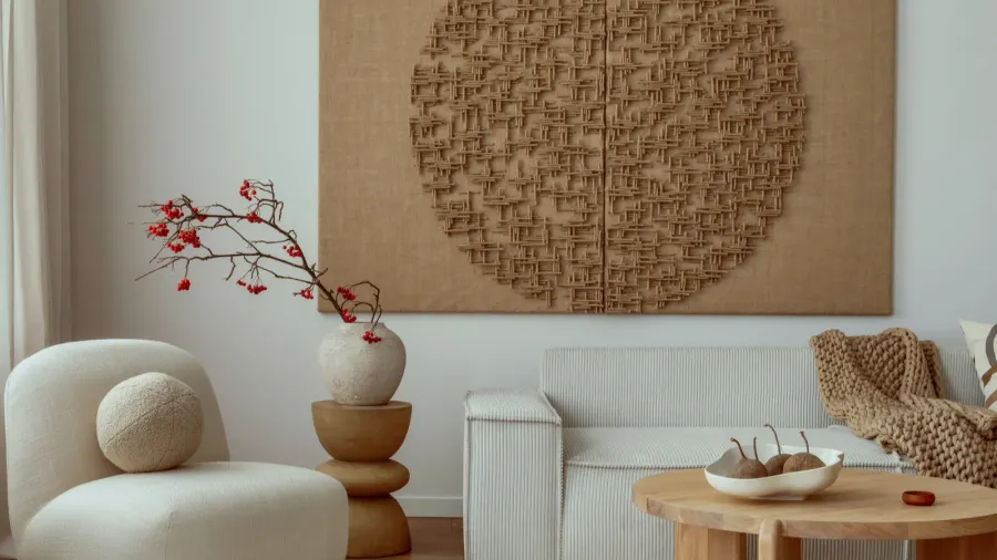 living room interior with mock up poster frame beige sofa
