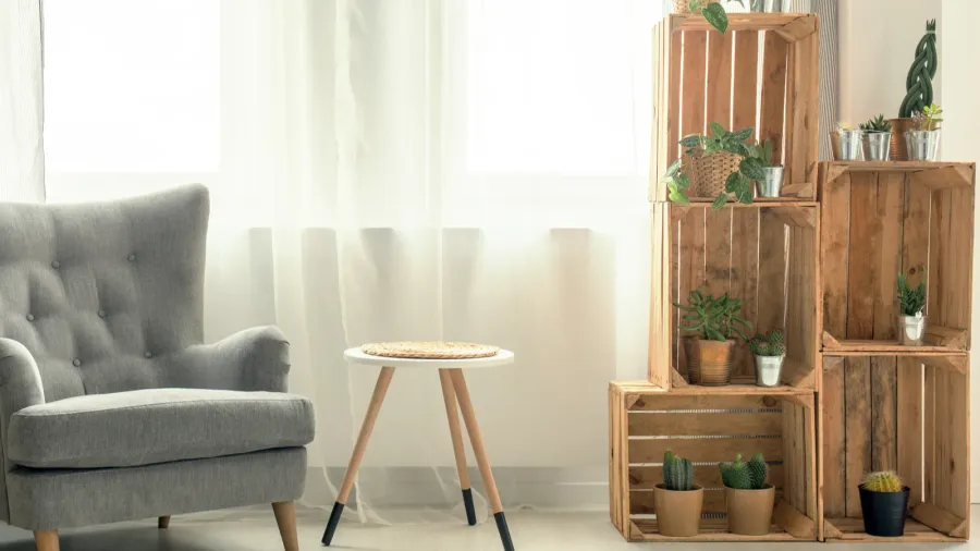 living room with armchair and diy shelf