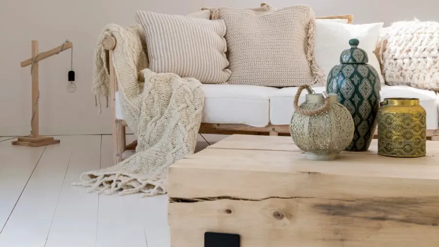 A living room interior with wooden sofa with chunky knit throw blanket and throw pillows, wooden coffee table with ceramic vases and lanterns, and wooden floor lamp.