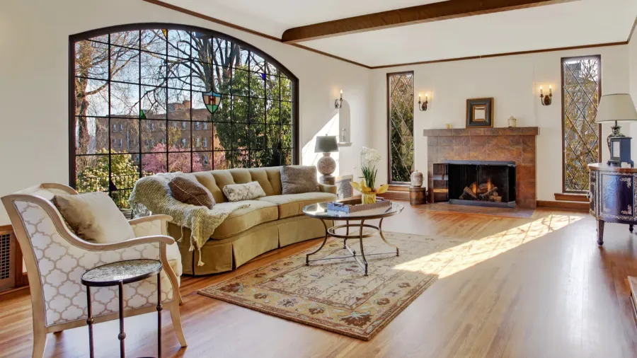 living room with firepalce in luxury english tutor house