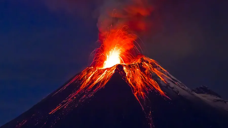 long exposure tungurahua volcano with blue skyes
