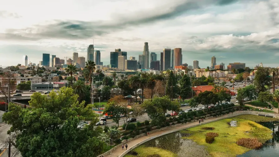 los angeles city aerial view on downtown cityscape of los