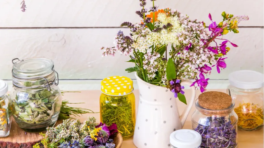 lot of various herbal medicinal plants gathered and drying in jars