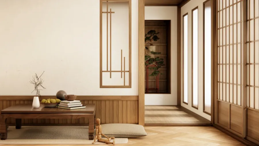low table and pillow on tatami mat in wooden room