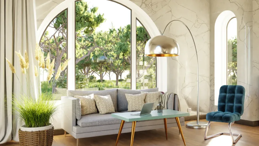 A modern lounge area with large windows and contemporary furniture overlooking a lush outdoor scene.