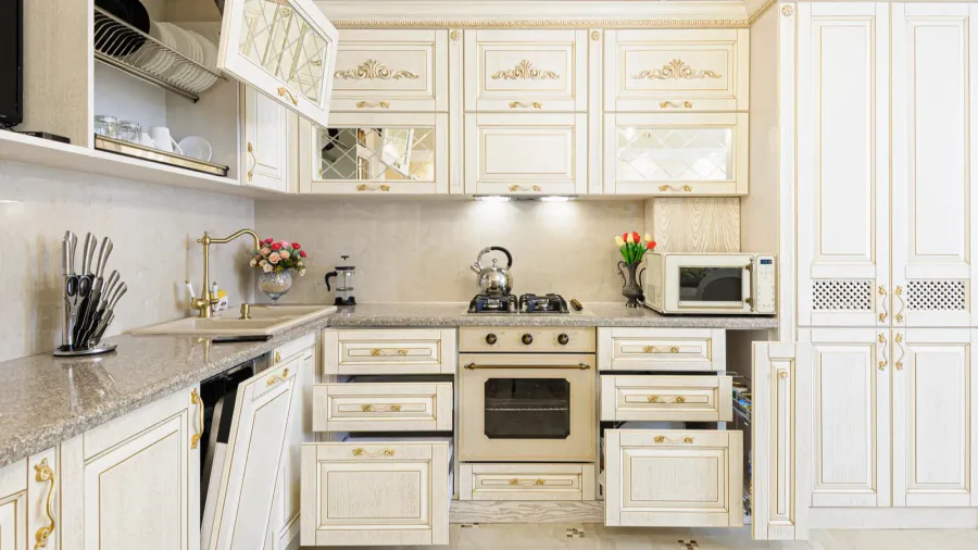 luxury modern beige and cream colored kitchen interior