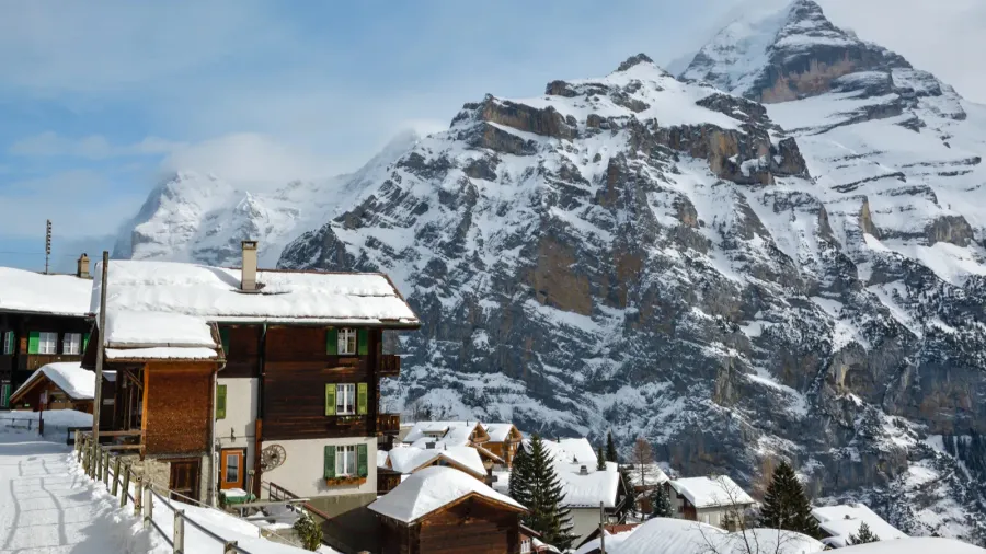 majestic jungfrau peak above the murren village in bernese alps