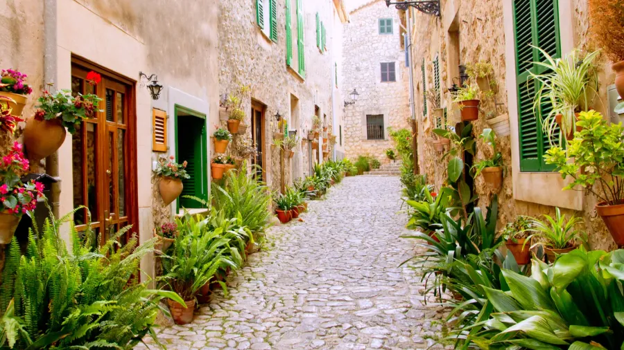 majorca valldemossa typical with flower pots in facade