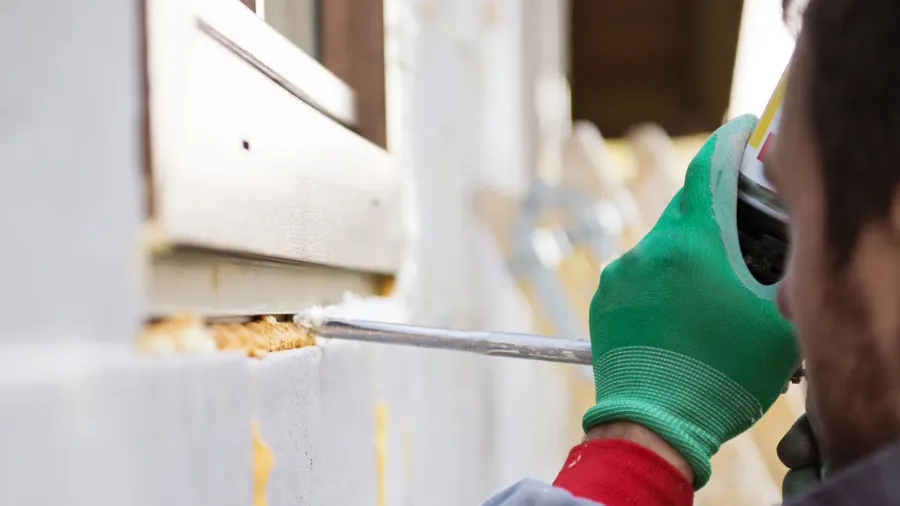 man applying foam to insulate window
