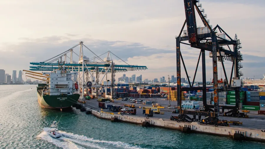 maritime container port with cargo ship cranes sea port terminal