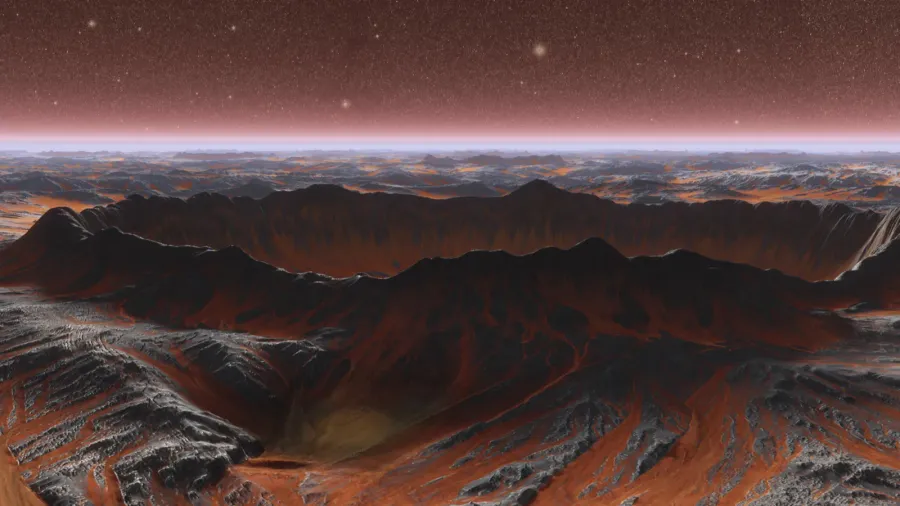 mars planet surface with dust blowing 3d illustration