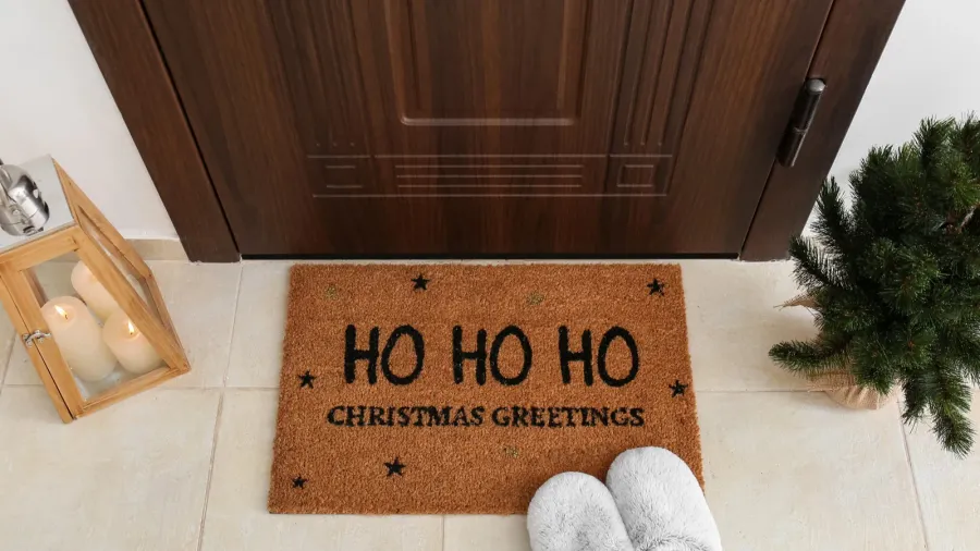 mat with christmas greeting slippers candles and small fir tree