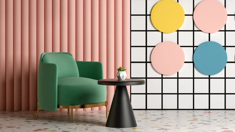 memphis style conceptual interior room 3d illustration