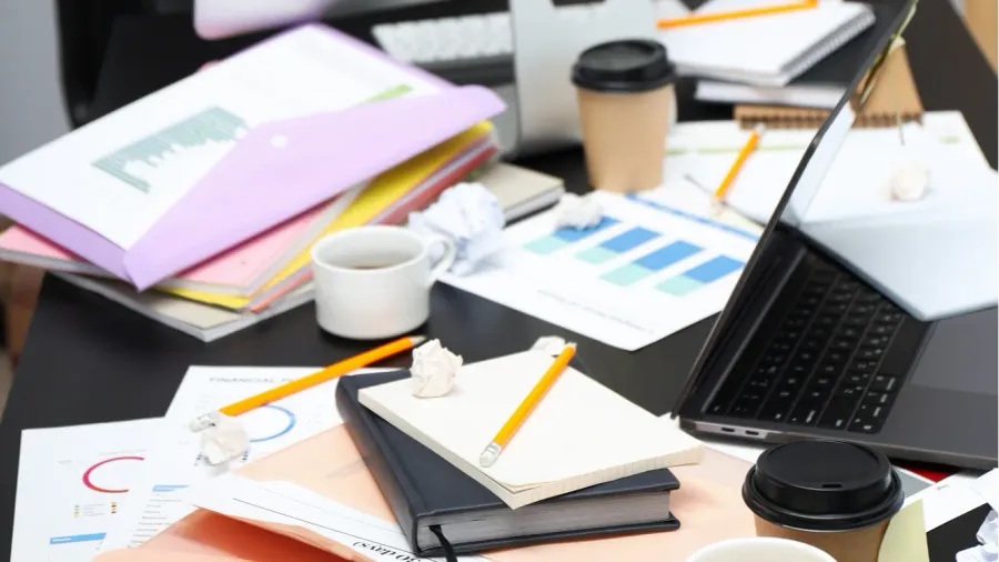 A messy desk with laptop and paper clutter scattered on it.