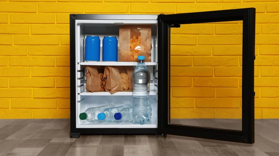 A mini fridge with drinks and snacks in front of a yellow brick wall.
