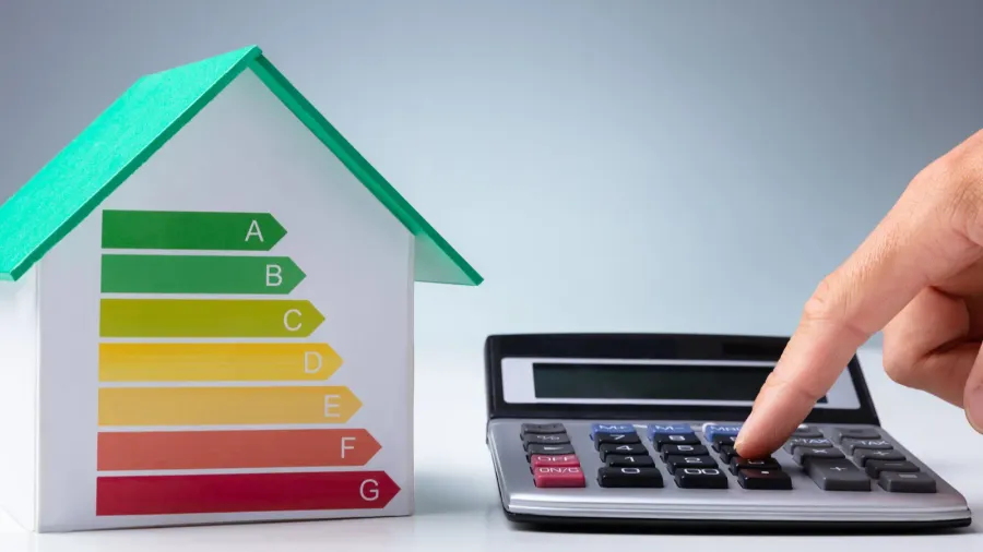 miniature house showing energy efficiency rate near person using calculator