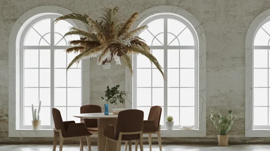 Minimalist interior design with arches and a dining table in front and hanging flower cloud over the table.