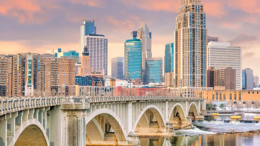 minneapolis downtown skyline in minnesota usa at sunset