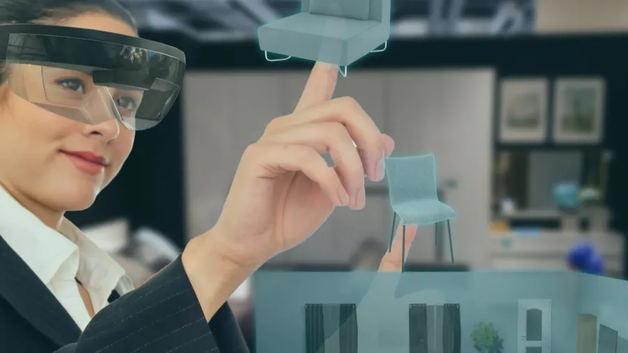 mixed virtual reality concept woman hold the simulation furniture to