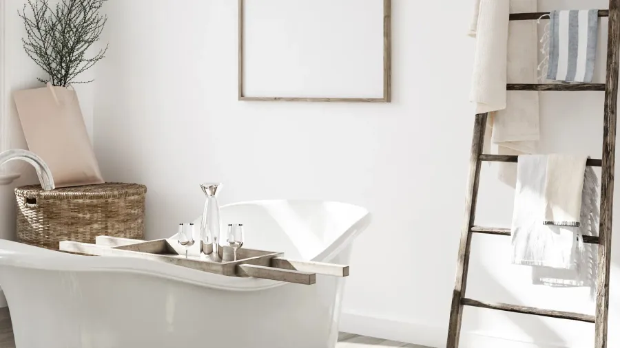 mock up frame in bathroom interior with ladder 3d render