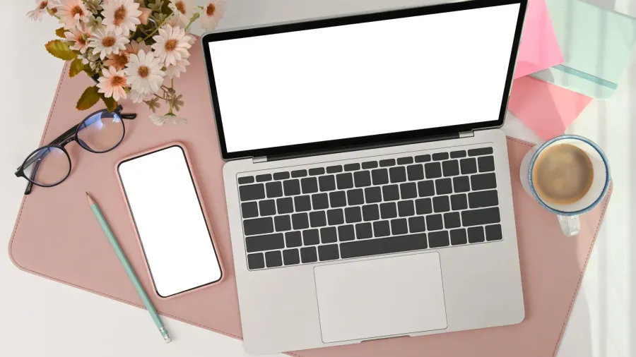 mock up laptop computer with empty screen and mobile phone
