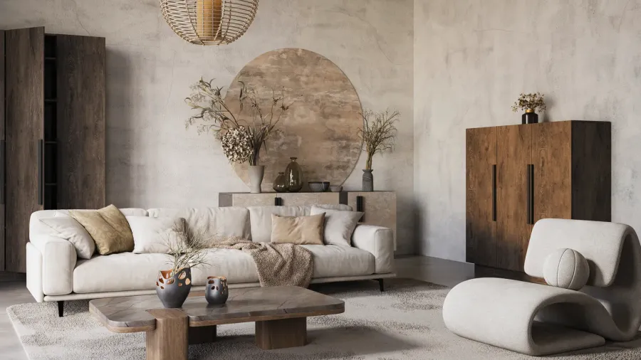 modern and cozy interior in neutral tones with natural elements
