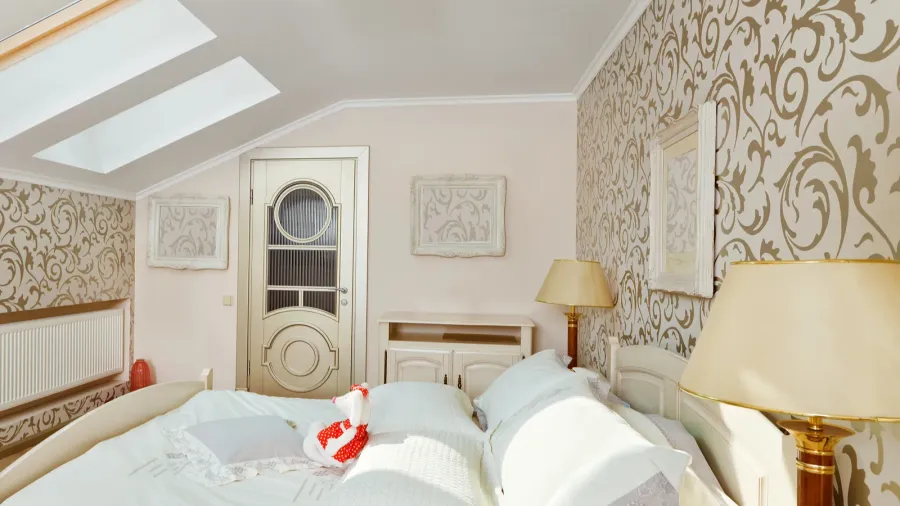 modern art deco style bedroom interior in light beige colors