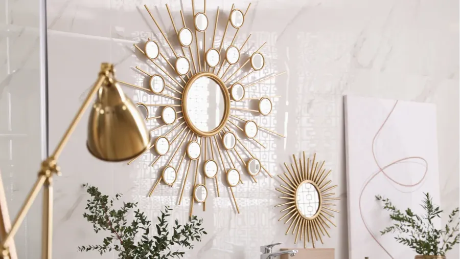 modern bathroom interior with stylish mirror floor lamp and vessel