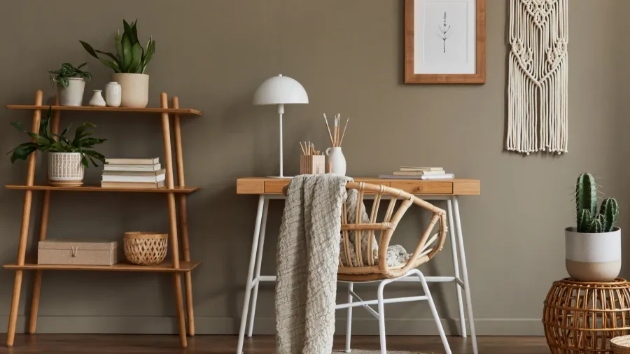A home office with a wooden desk, rattan chair with throw blanket, potted plants, and decorative elements.