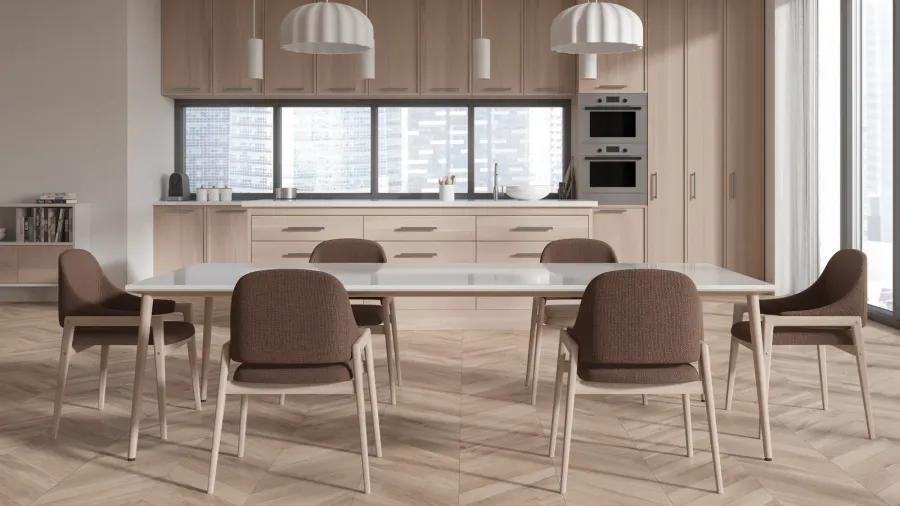 modern design wooden kitchen interior with table and chairs window
