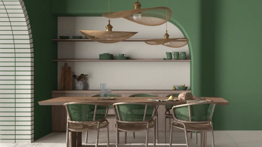 modern dining room interior in country apartment cream and green