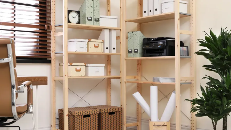 modern home workplace with wooden storage idea for interior design