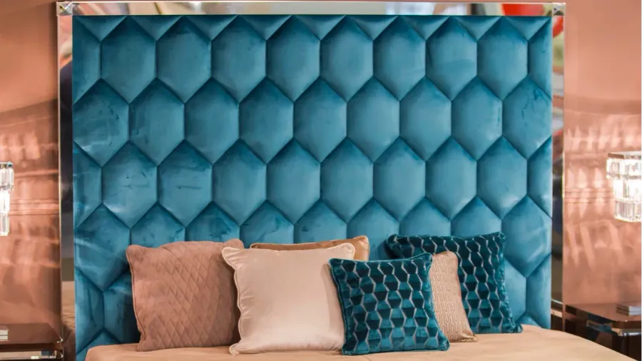 modern interior blue velvet bed in art nouveau style crystal